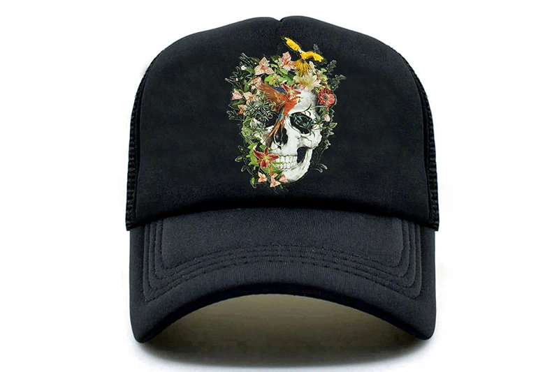 CLIMATE Flower Skeleton Trucker Cap Men Cool Skull Bone Cap HipHop Baseball Caps Summer Bloodcurdling Black Mesh Cap Hat for Men