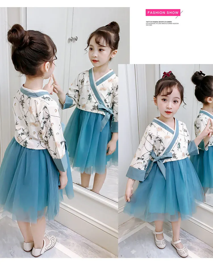 Hanfu/комплект одежды для девочек, коллекция года, новое весеннее детское пышное платье принцессы с длинными рукавами+ пальто, костюмы из 2 предметов для девочек, китайский style2-10T