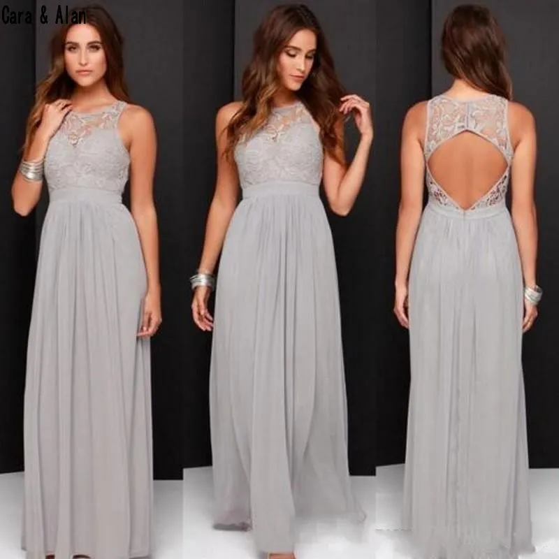 

Country Grey Bridesmaid Dresses for Wedding Long Chiffon A-Line Backless Formal Dresses Party Lace Modest Maid Of Honor Dress