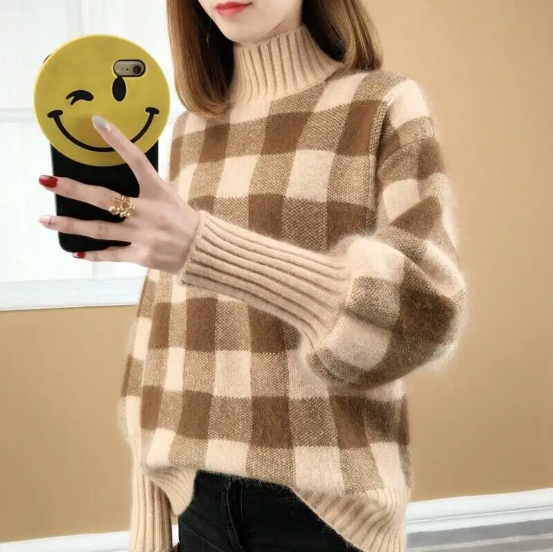 2020 Autumn Winter Women Plaid Knitted Sweater Long Sleeve High Neck Casual Pullover Jumper | Женская одежда