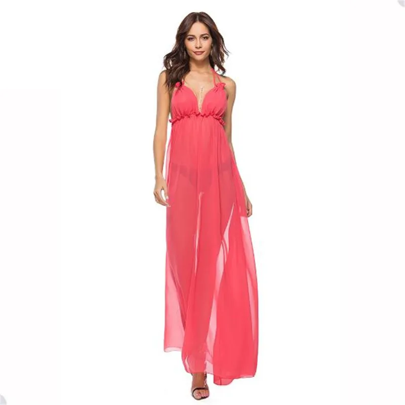 Женское шифоновое длинное платье с глубоким V-образным вырезом и открытой спиной