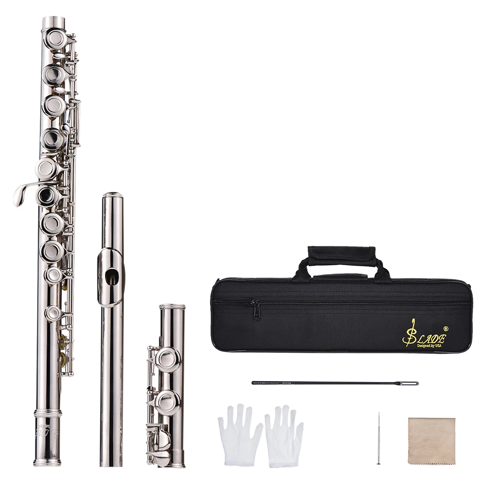 

Western Concert Flute Silver Plated 16 Holes C Key Cupronickel Woodwind Instrument with Cleaning Cloth Stick Gloves Padded Bag