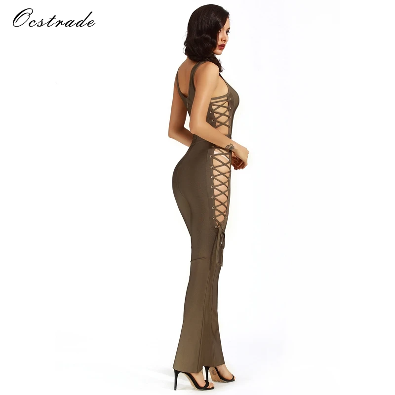 Ocstrade Jumpsuits for Women 2017 Summer Sexy Olive Green Lace-up Rayon Bandage Jumpsuit with Wide Legs | Женская одежда