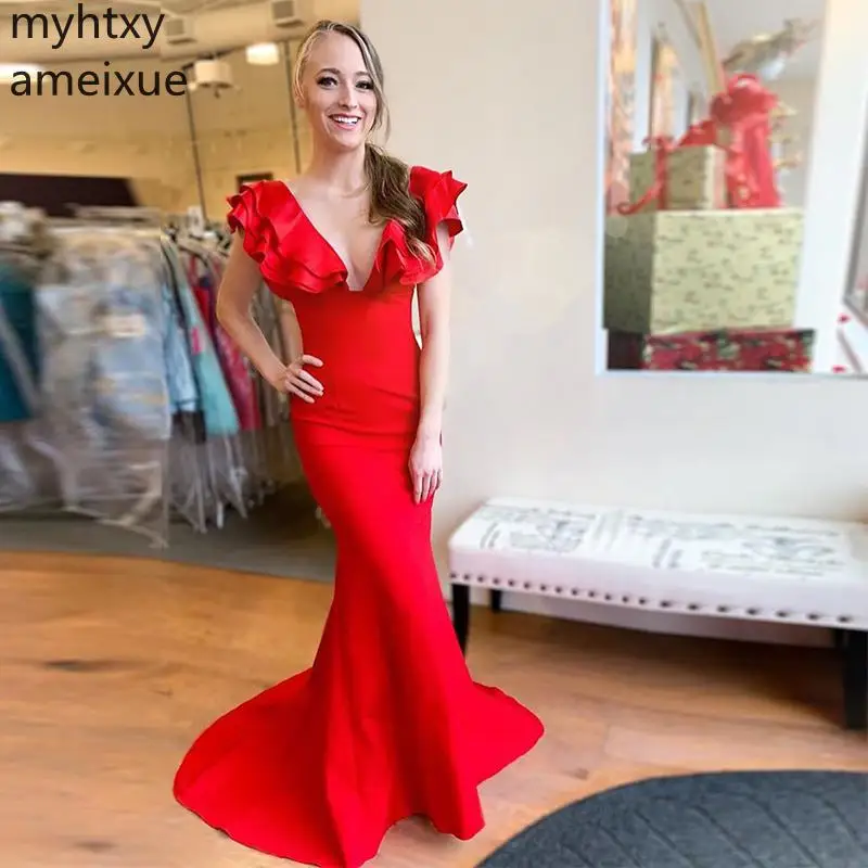 

Custom Mermaid Long Evening Dress With Sexy Deep V-neck Gorgeous Red 2021 Ruffle Sleeves Formal Party Sweep Train Robe De Soiree