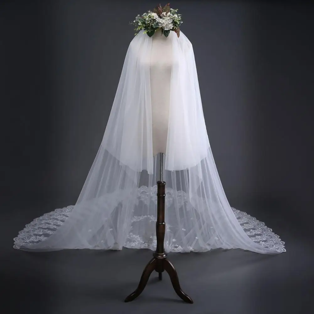 

3.8 M Long Bridal Head Veil With Comb Cathedral Length Lace Edge Long Wedding Veil Accessories TS250