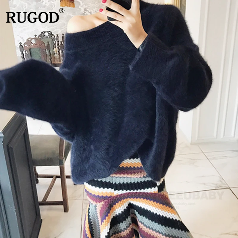 RUGOD 2019 Autumn and winter New White Pink Oversize Loose Slash Neck Hight Street style women sweater Pullovers korean | Женская одежда