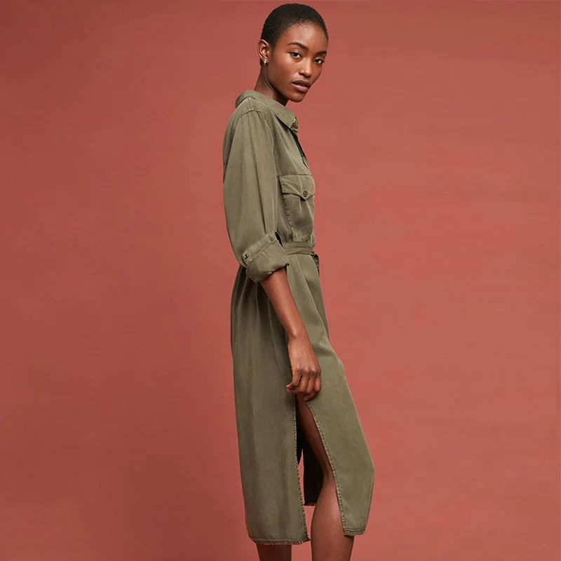 Модное женское ретро платье с разрезом однобортное однотонное поясом wq1594 Прямая