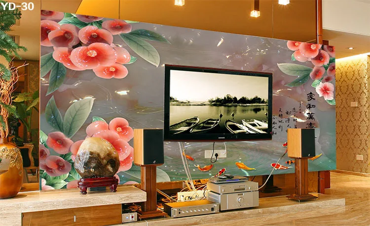 Chinese wind small red flower television background wallpaper simple 3D green jade perfect peacock mural|mural painting|wallpapers pointwallpaper