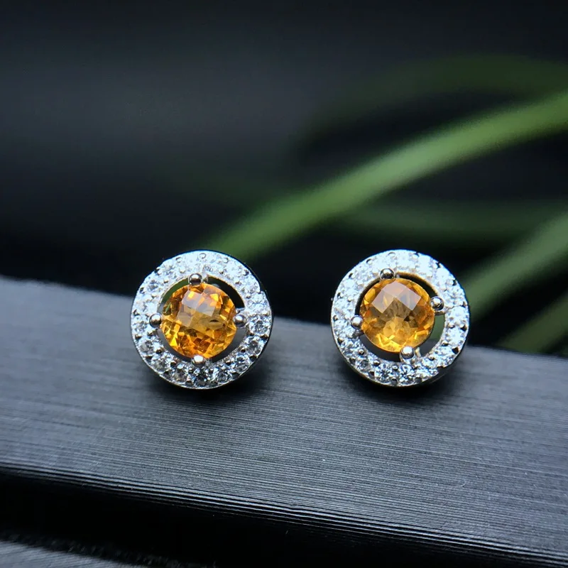 

MeiBaPJ Natural Citrine Gemstone Stud Earrings Real 925 Silver Stud Earrings Fine Charm Jewelry for Women