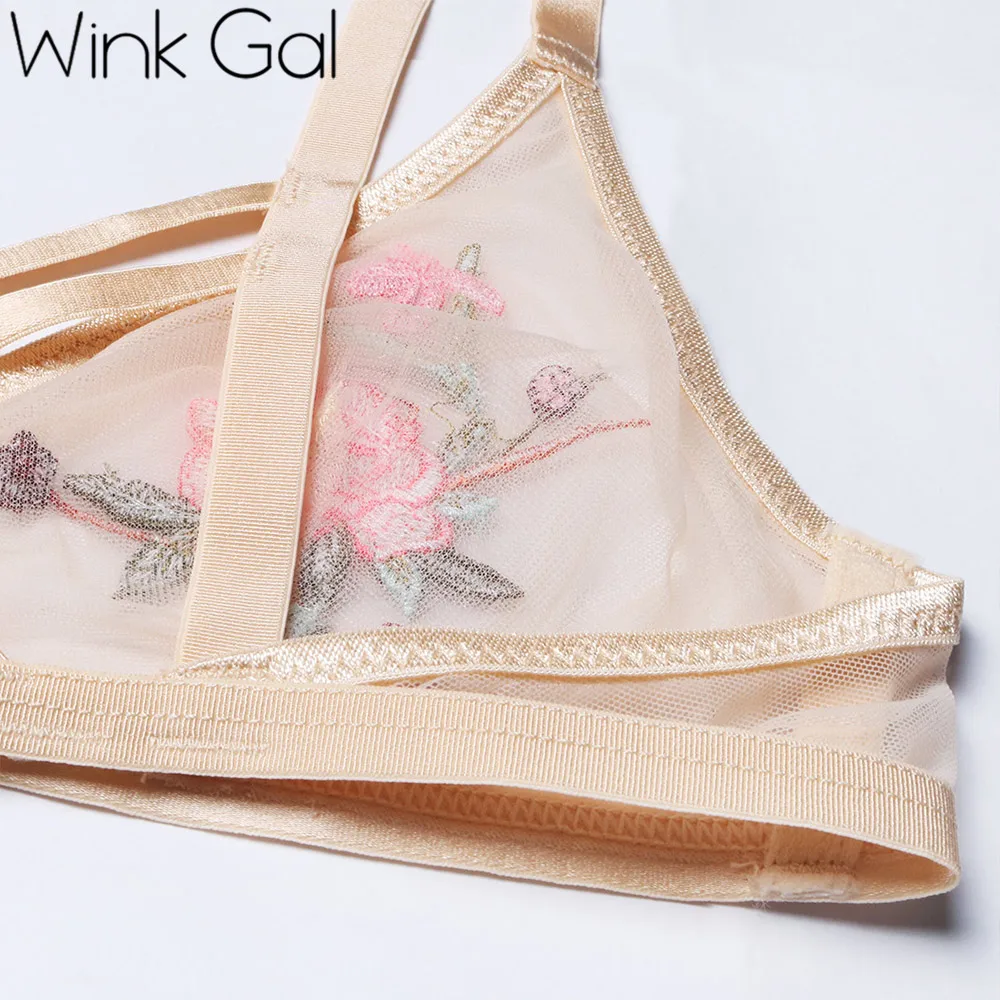 Wink Gal/Новинка, летний сексуальный бюстгальтер без косточек с цветочной вышивкой, сексуальный бюстгальтер без косточек, комплект из бюстгальтера и штанов W12207