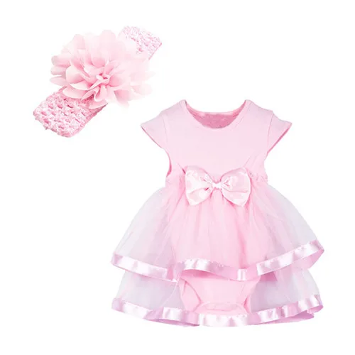 2pcs pink Комплект для новорожденных, летний белый кружевной комбинезон на крестины, детский головной убор, праздничные платья одежда принцессы для маленьких девочек, платье на возраст от 0 до 24 месяцев - Цвет: 2pcs pink