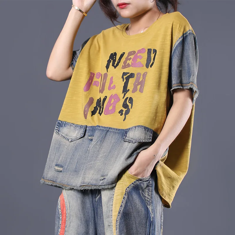 Летняя футболка женская джинсовая цветная Лоскутная старинная буква Отверстие