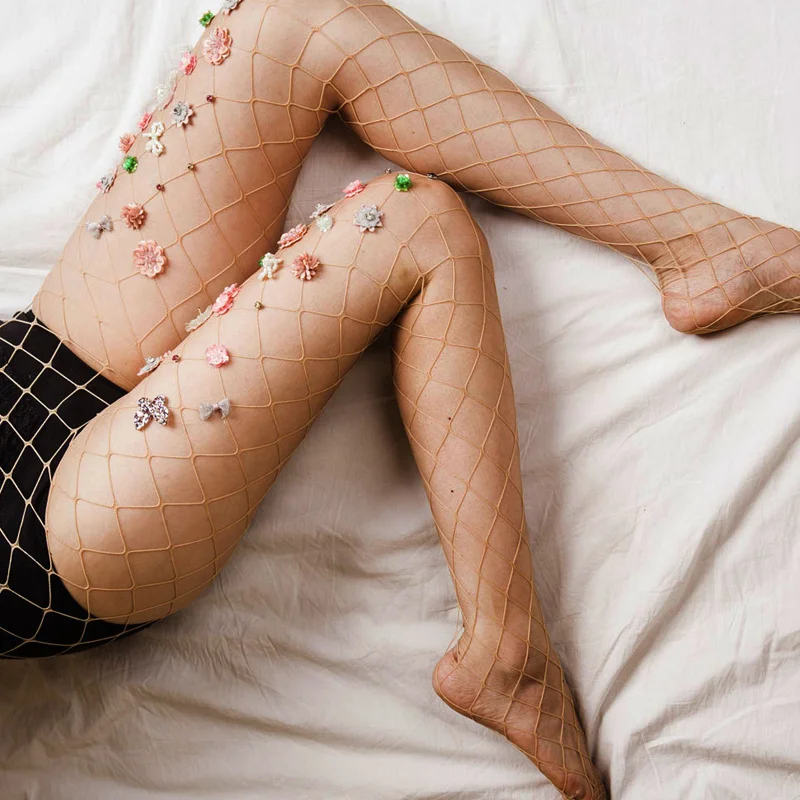 Женские колготки в сеточку Чулки с цветочной вышивкой ажурные из сетки сетчатые