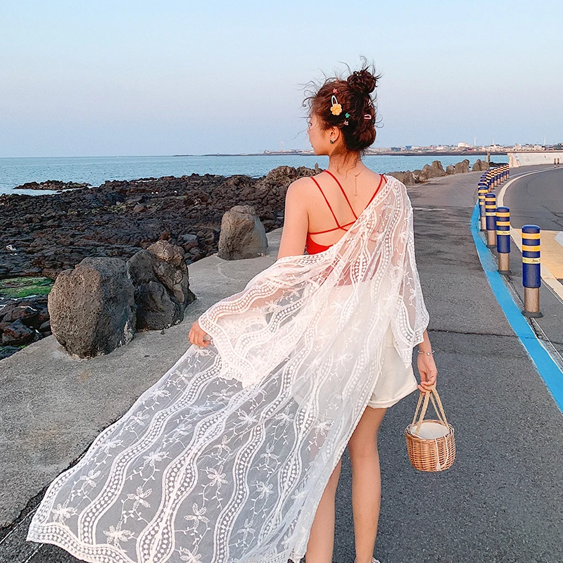 Casual long cardigans womens sunscreen shirt loose beach coat lace chiffon Outerwear (mm7972) |