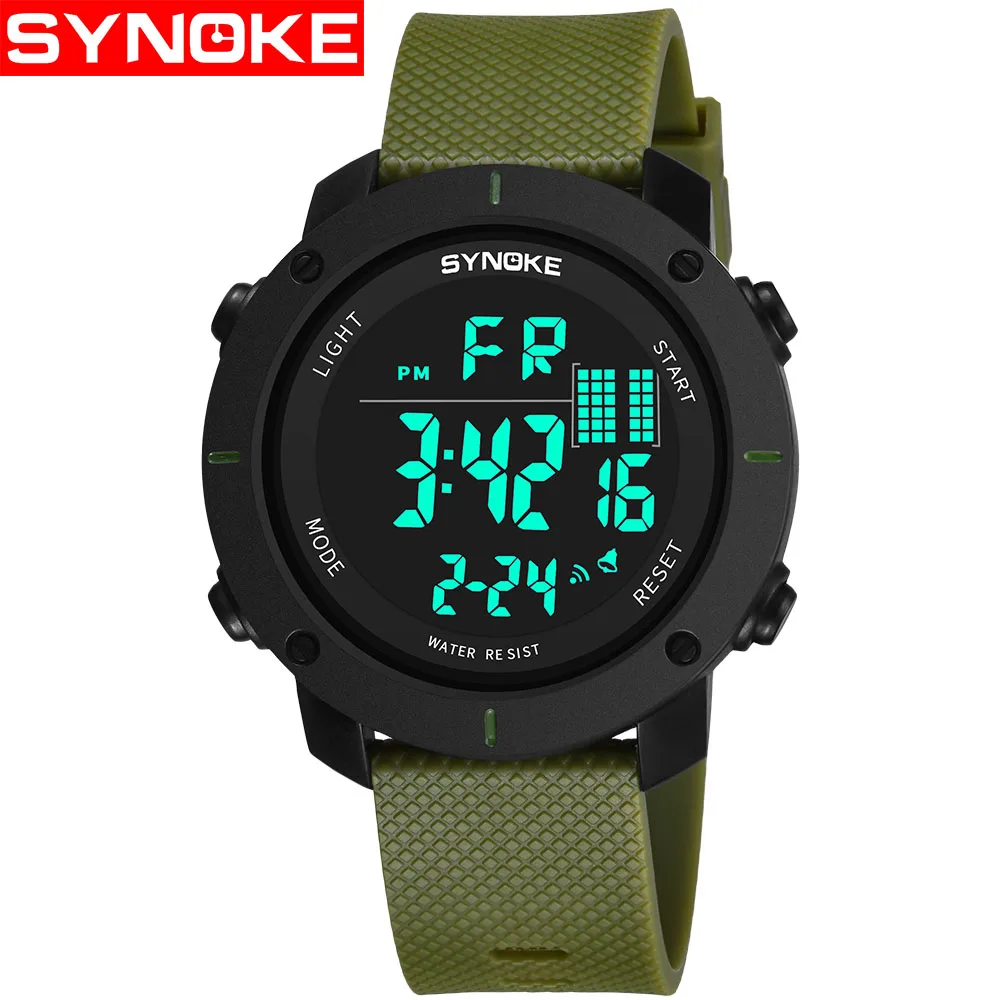Зеленый SYNOKE Sports Watch Men Digital Watches Waterproof Fashion Electronic Wristwatches Date Rubber Clock Black Military Watch - Цвет: Зеленый