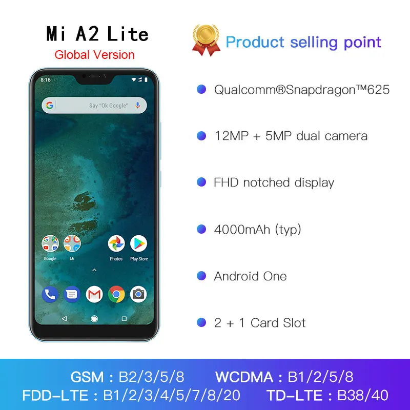 Глобальная версия Xiaomi A2 Lite 3 ГБ 32 Смартфон Snapdragon 625 Octa Core 5 84 &quot19:9 полный экран 12MP +
