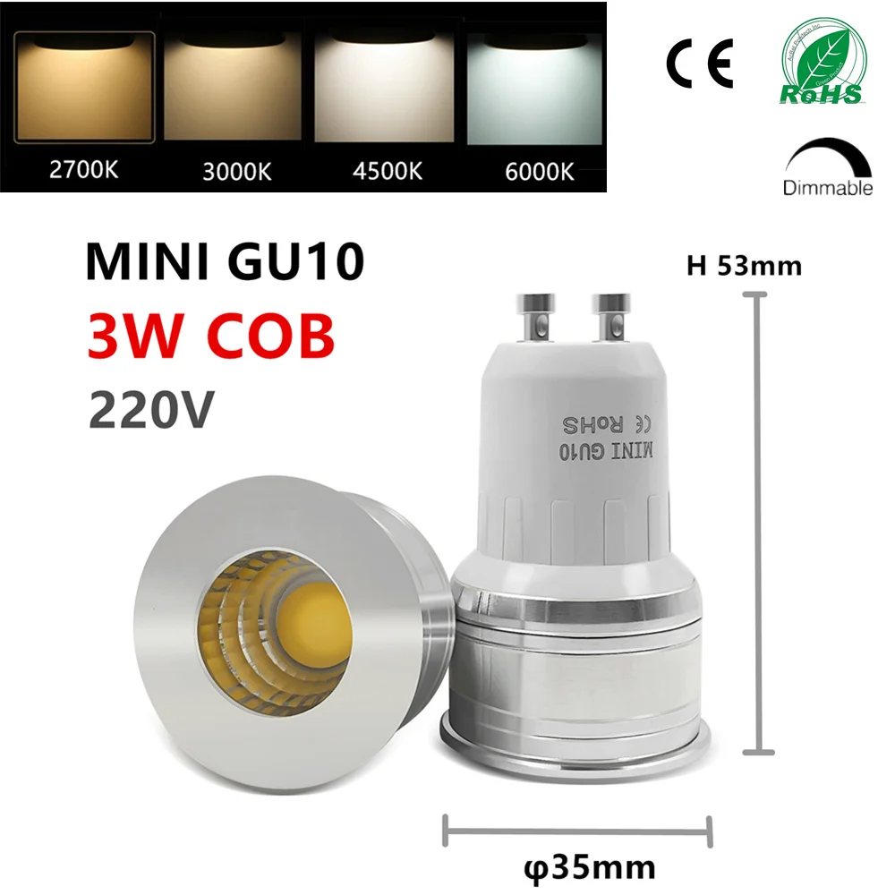 Светодиодная миниатюрная лампочка gu10 cob для прожектора приглушаемый Точечный