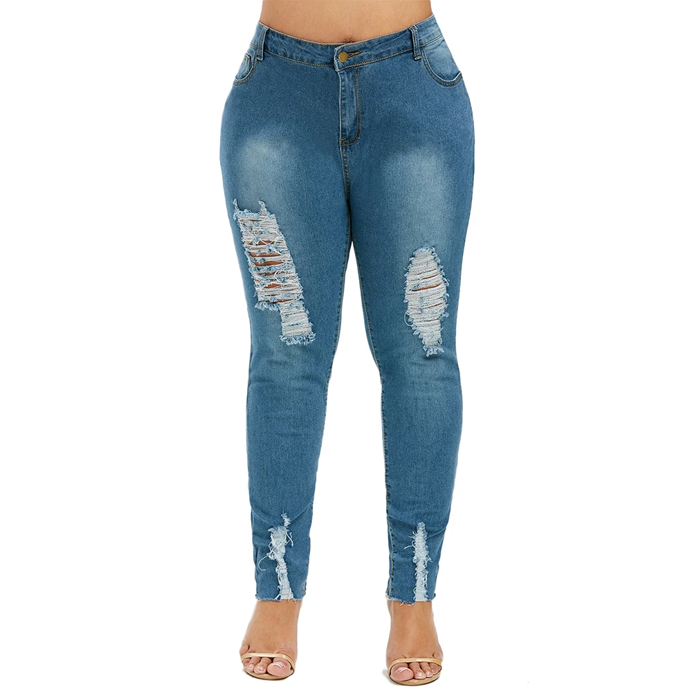 Wipalo Women Ripped Raw Hem Plus Size Jeans Mid Waist Skinny Denim Pencil Pants Big 5XL Ladies Casual Female Trousers | Женская одежда