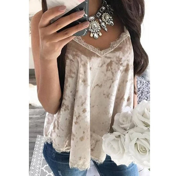 Summer Cami Women Sexy Sleeveless V Neck Solid Color Velvet Camis Tops Lace Patchwork Slim Club Party Camisole Big Size 3XL | Женская