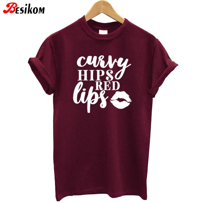 Женская футболка с принтом в виде красных губ Besikom Curvy Hips &amp Red Lips хлопковая
