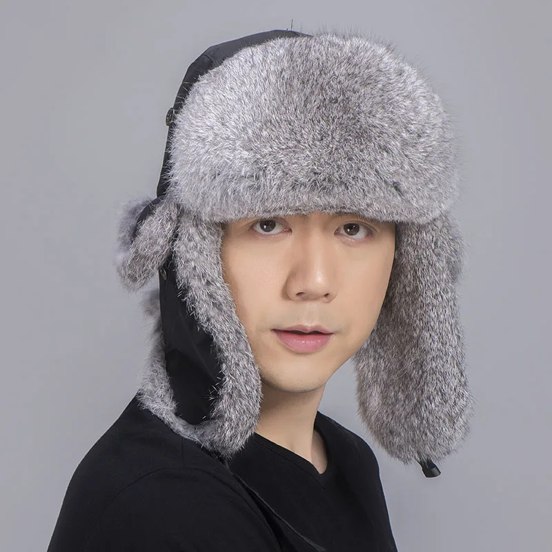 MS.MinShu Natural Rabbit Fur Hat Winter Skiing Hat Unisex Genuine Rabbit Fur Trapper Hat Natural Fur Bomber Hat Man Women
