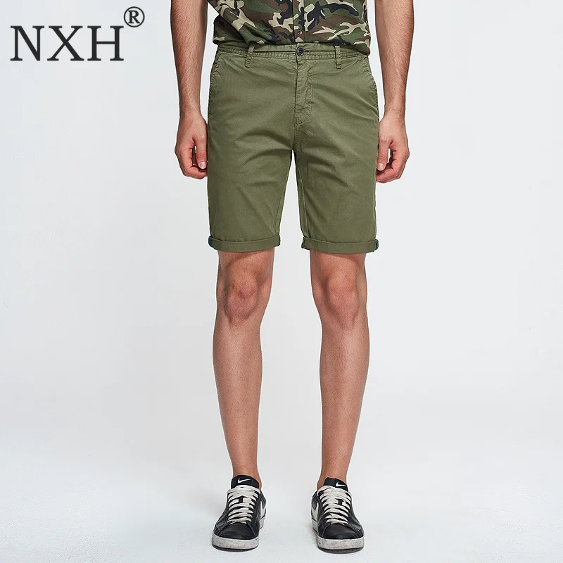 NXH 2019 новые летние однотонные х/Б мужские шорты облегающие по колено Высокое