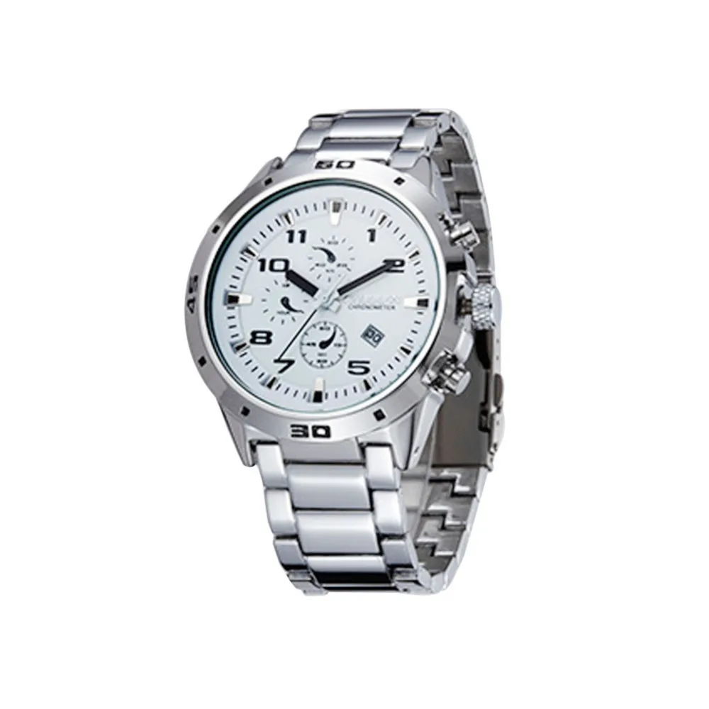 Мужские наручные часы из нержавеющей стали с Лунными фазами и календарем для