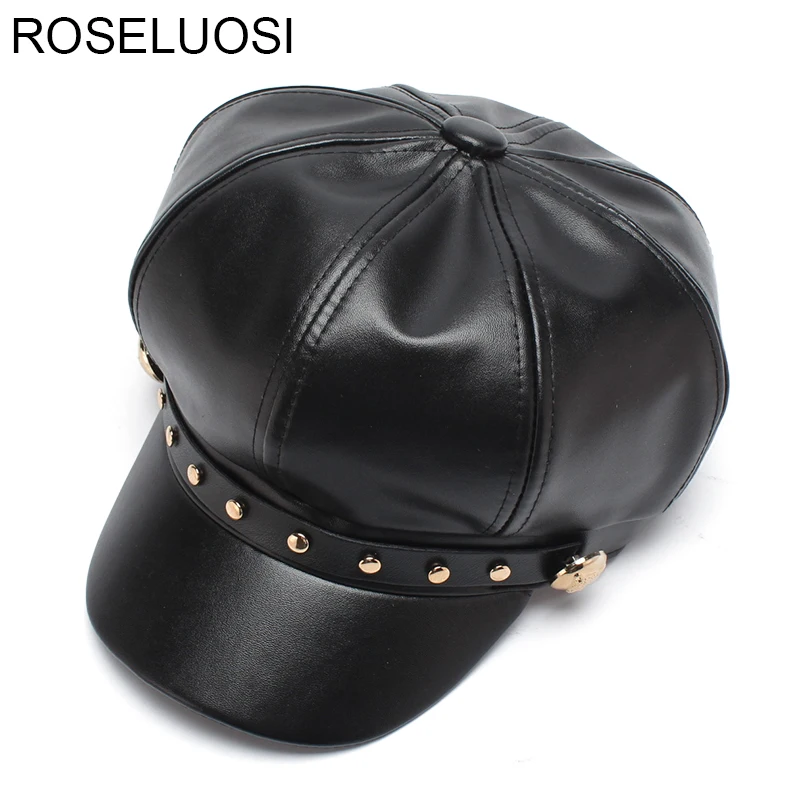 Модные женские кепки ROSELUOSI из искусственной кожи с заклепками Осень-зима 2017