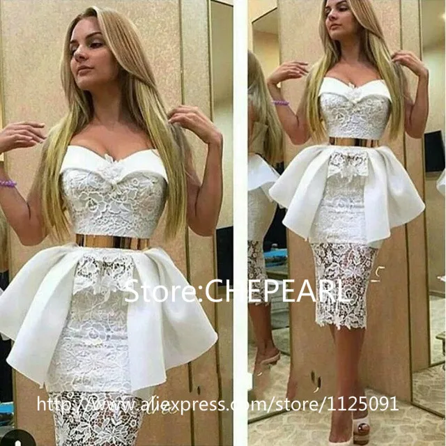 White Lace Prom Dresses Gold Sashes Unique Fashion Waist Design Knee Length Gown vestidos de formatura Evening Dress | Свадьбы и