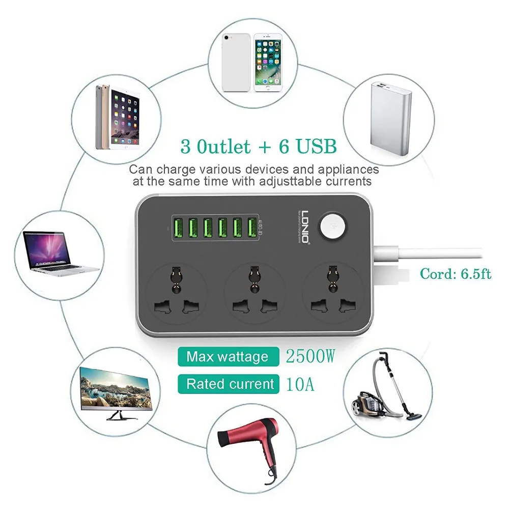 Блок питания LDNIO с 3 розетками и 6 USB портами устройство для быстрой зарядки защита