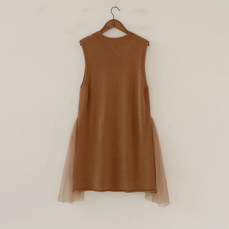 Зимы женщин Твердые Рукавов О-Образным Вырезом Вязание Танк Сетки Mini Dress | Женская