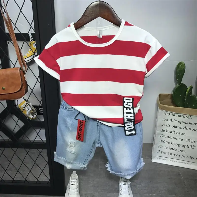 Kids Clothing Sets Fashion Style Baby Short Sleeved Striped T-Shirt + Denim Shorts 2Pcs Children 2-7year |