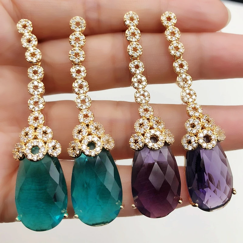 Женские длинные серьги капельки цвета шампанского с микрофианитами вечерняя