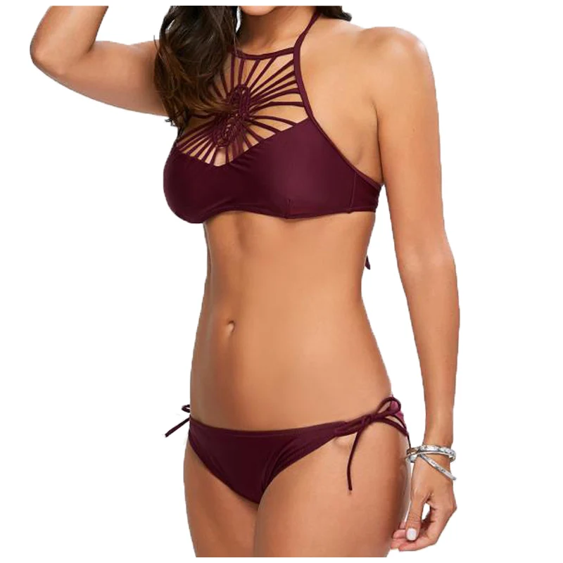 FS Wine Red Retro Hollow Out Female Bikinis Set High Neck Halter Swimsuit 2017 Low Waist Swimwear Brazilian Summer Bathing Suit |