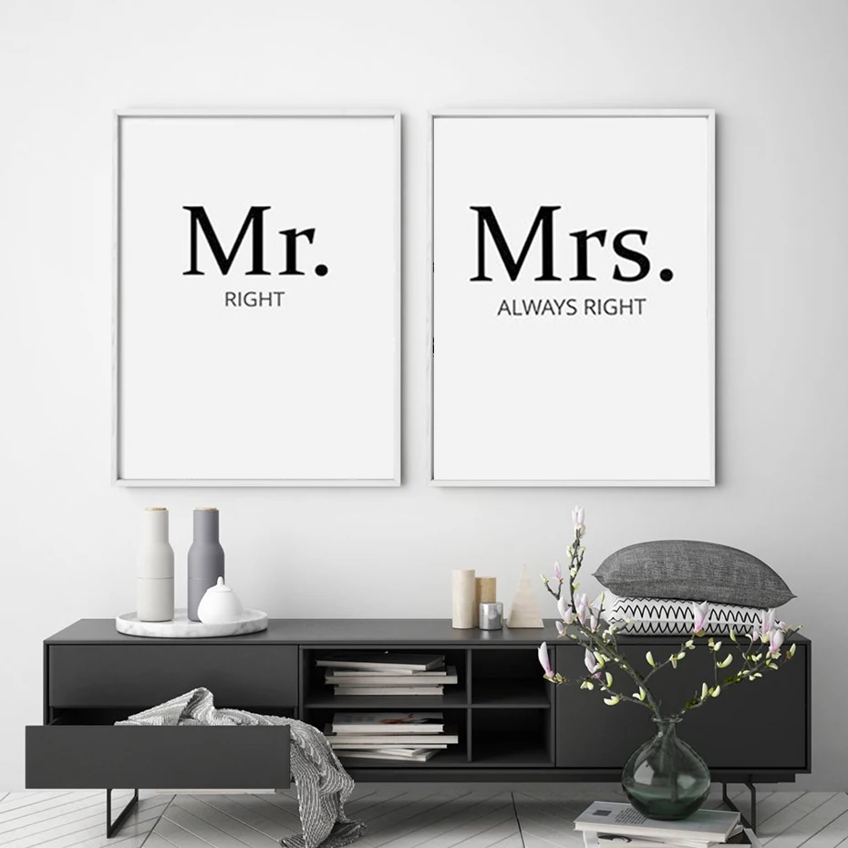 SURELIFE Mr right Mrs always пары искусство стены принты картины на холсте цитаты черные