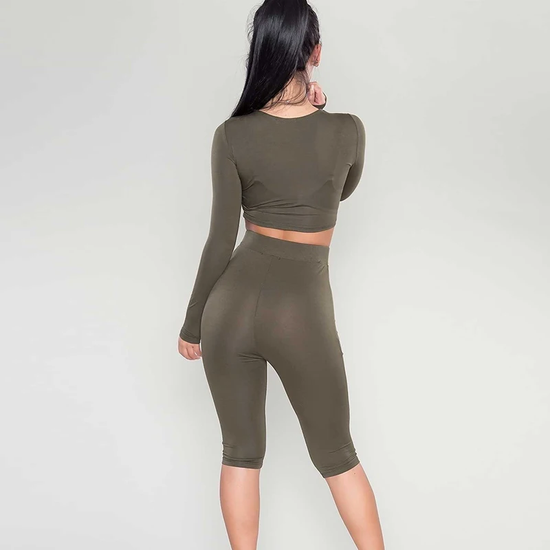 Women Casual Two Piece Set Sexy Bodycon High Waist Crop Top Stretch 2 Suits Lady O-neck Long Sleeve Body Two-Piece Outfits | Женская