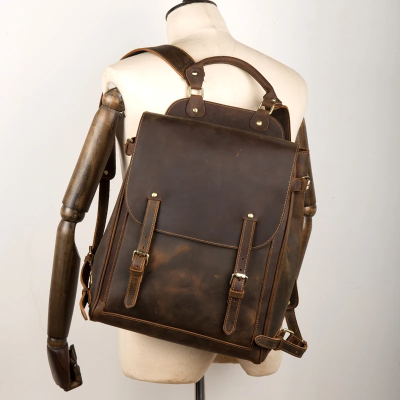 

FOLGANDROS Men's Genuine Leather Backpack Multifunction Handmade Daypack Vintage Laptop Backpack Shoulder Bag Casual Rucksack