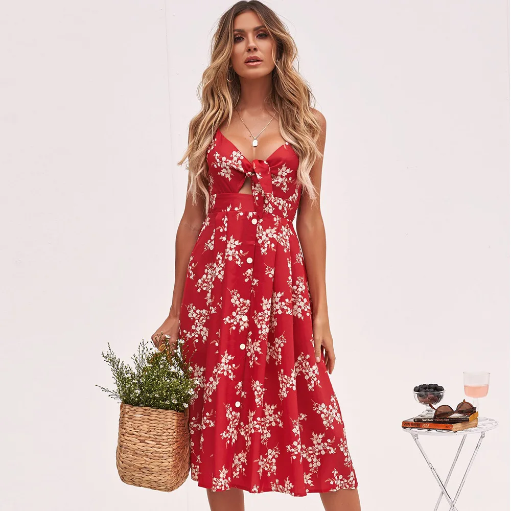 Summer Dress 2018 Women Sexy Deep V-Neck Red Flower Print Dresses Hem Folds Bohemian Style Bow Backless Beach |