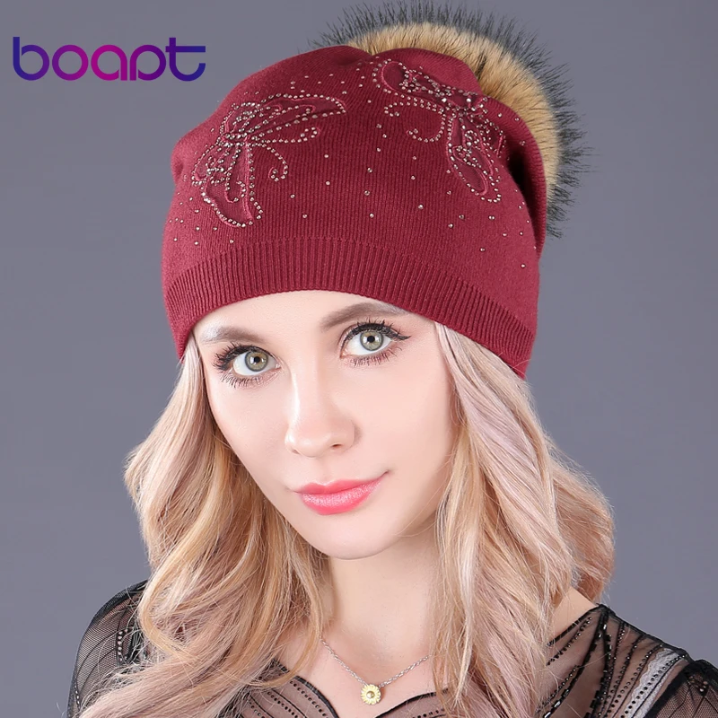 [boapt] натуральный енот мех головные уборы пушистый пом шапочка повседневная кепка