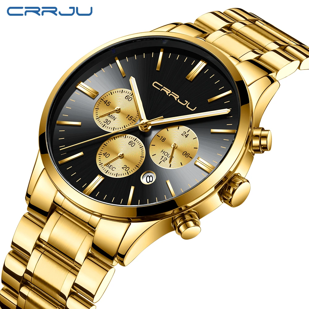 

CRRJU men watches Top Luxury Brand Chronograph Date Clock Male Gold Black Steel Strap Analog Quartz Watch Men Sport Wrist watch