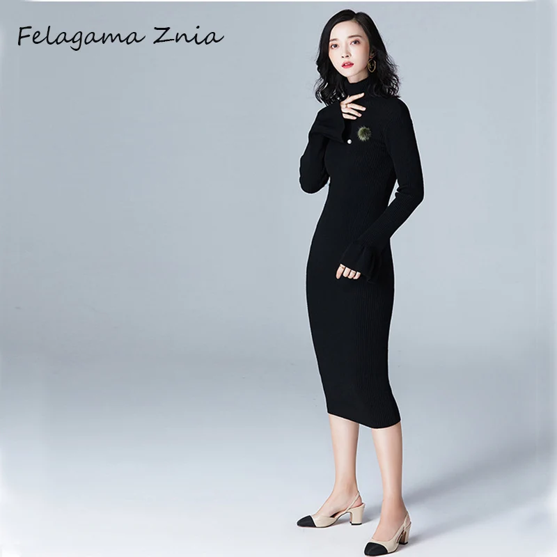 Felagama Znia elegant flare sleeve sweater dress pullover women turtleneck solid female 2018 autumn winter party | Женская одежда