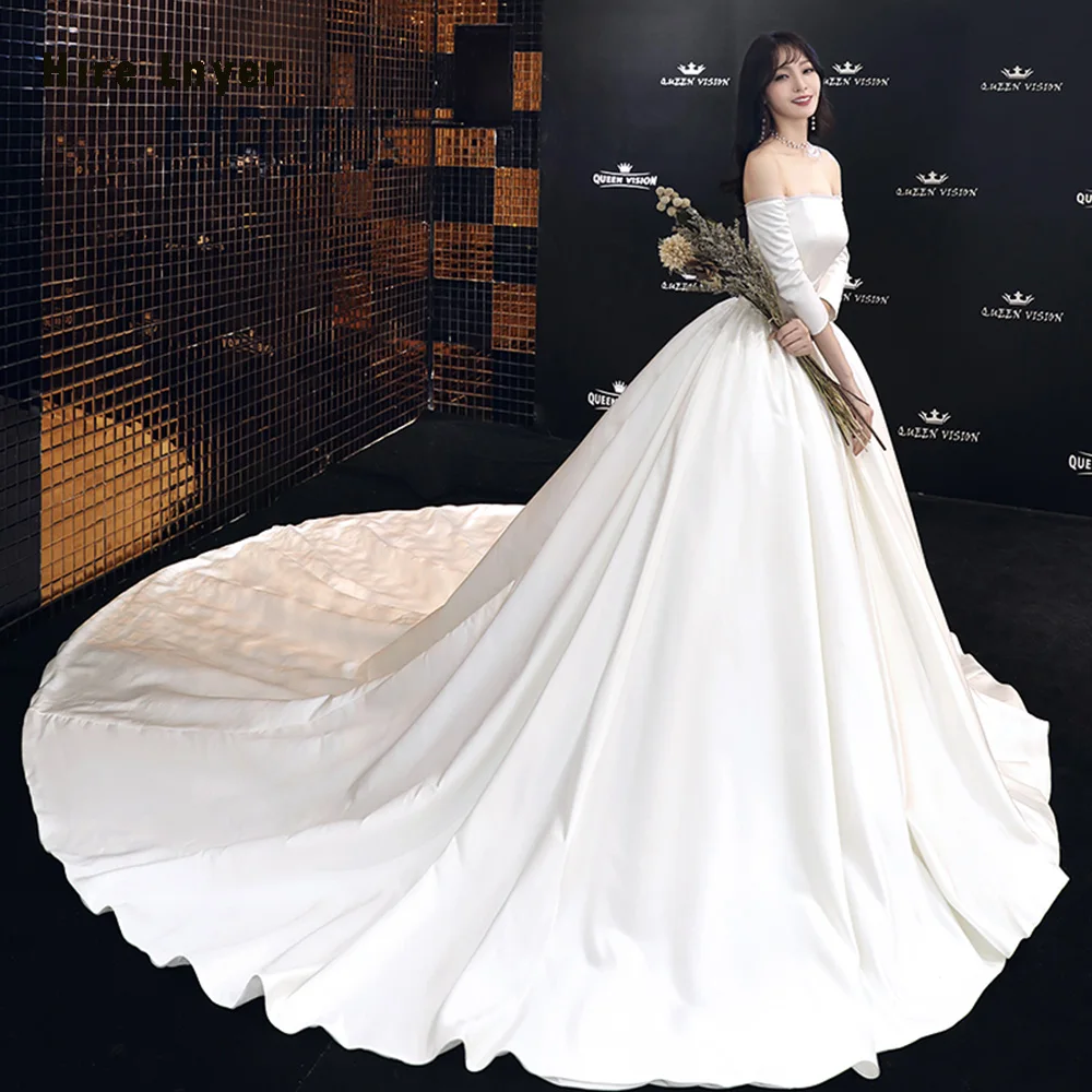 Vestidos De Casamento Boat Neck Three Quarter Sleeve Lace Up Back Simple France Satin Ball Gown Wedding Dress Plus Size | Свадьбы и
