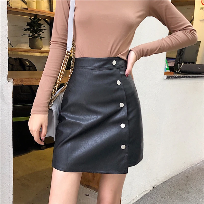 Mini Skirt 2018 Autumn Winter New Arrivals Khaki Black Leather Side Single Button Skirts Womens Korean Fashion Sexy | Женская одежда