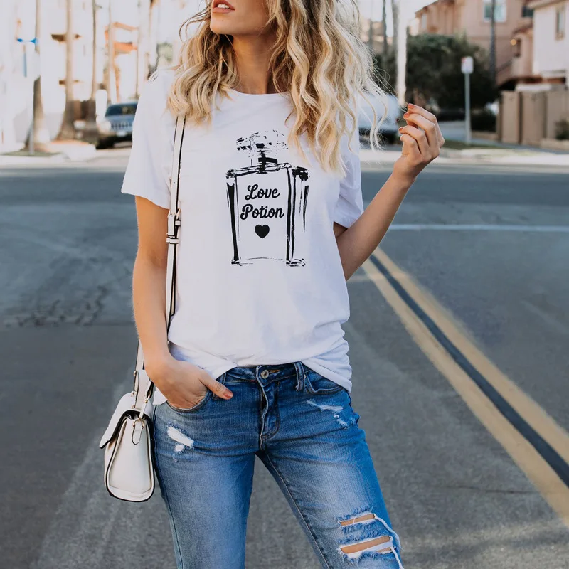 Эстетическое Для женщин флакон духов печатных футболка Топы с графическим
