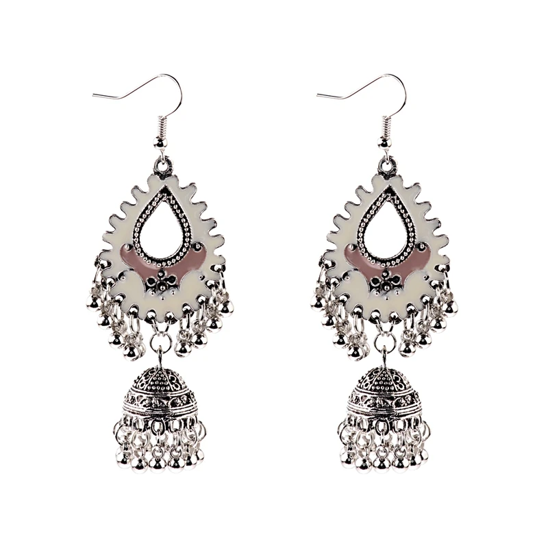 HXE075-2 TopHanqi индийские цыганские украшения Jhumka, серебряные, Boho, винтажные Этнические женские серьги, полые Висячие серьги для женщин - Окраска металла: HXE075-2