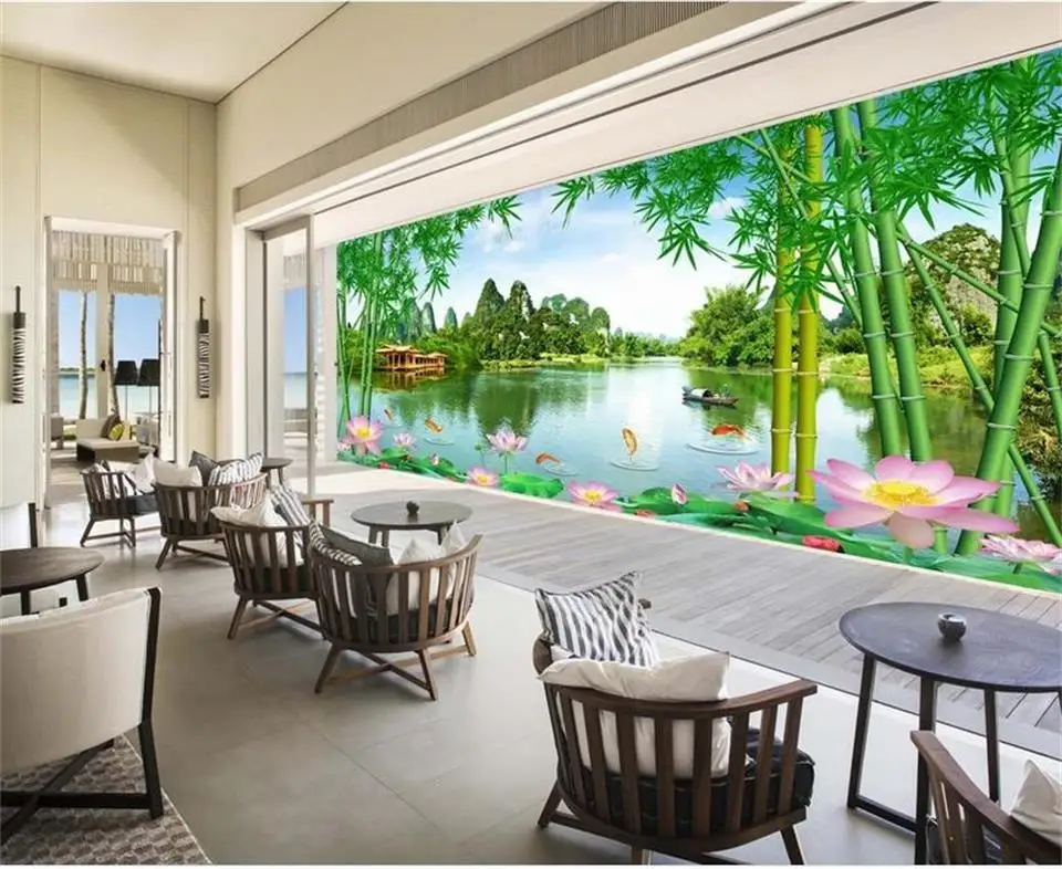 3d wallpaper custom photo mural non-woven Huge lake bamboo fish sofa background wall painting living room for walls | Обустройство