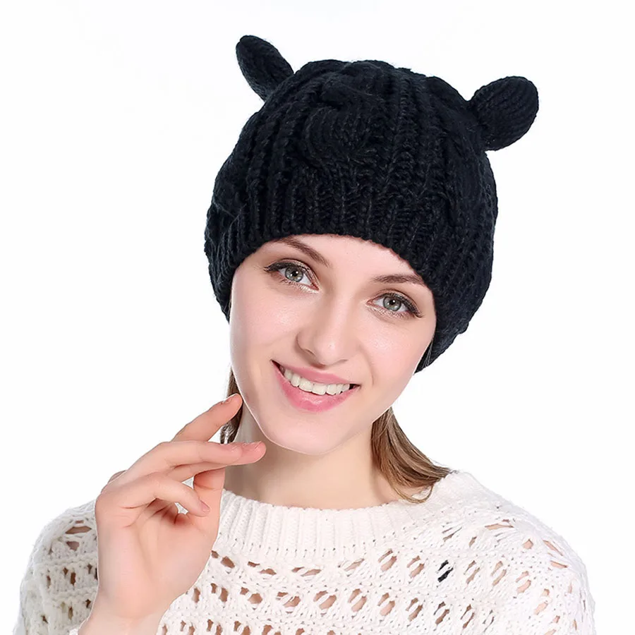 Для женщин Милое кошачье ушко Hat Skullies шапочки теплые однотонные Цвет хип-хоп леди
