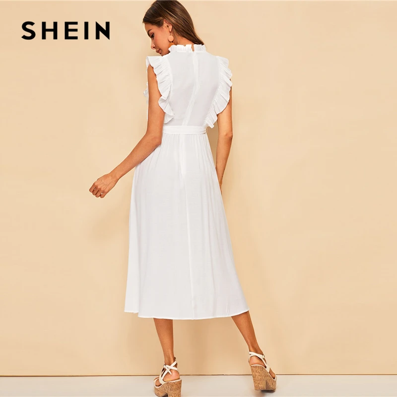 SHEIN модное платье с оборками, цветочной вышивкой, поясом, на молнии, стоячим воротником, без рукавов, Boho, ТРАПЕЦИЕВИДНОЕ летнее женское платье