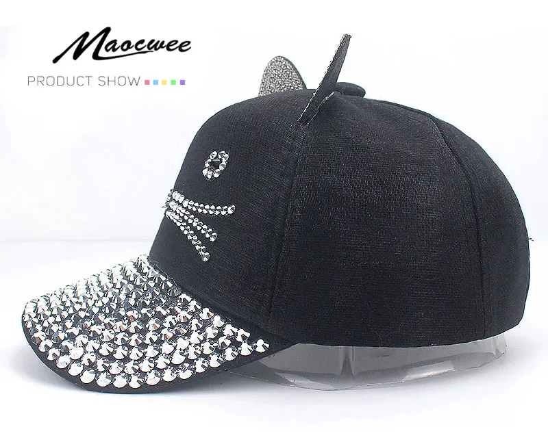Детские кепки со стразами Snapback хип-хоп однотонные розовые, черные, серые, белые алмазные бейсбольные кошачьи шапки с двумя ушами Регулируемая Кепка с козырьком