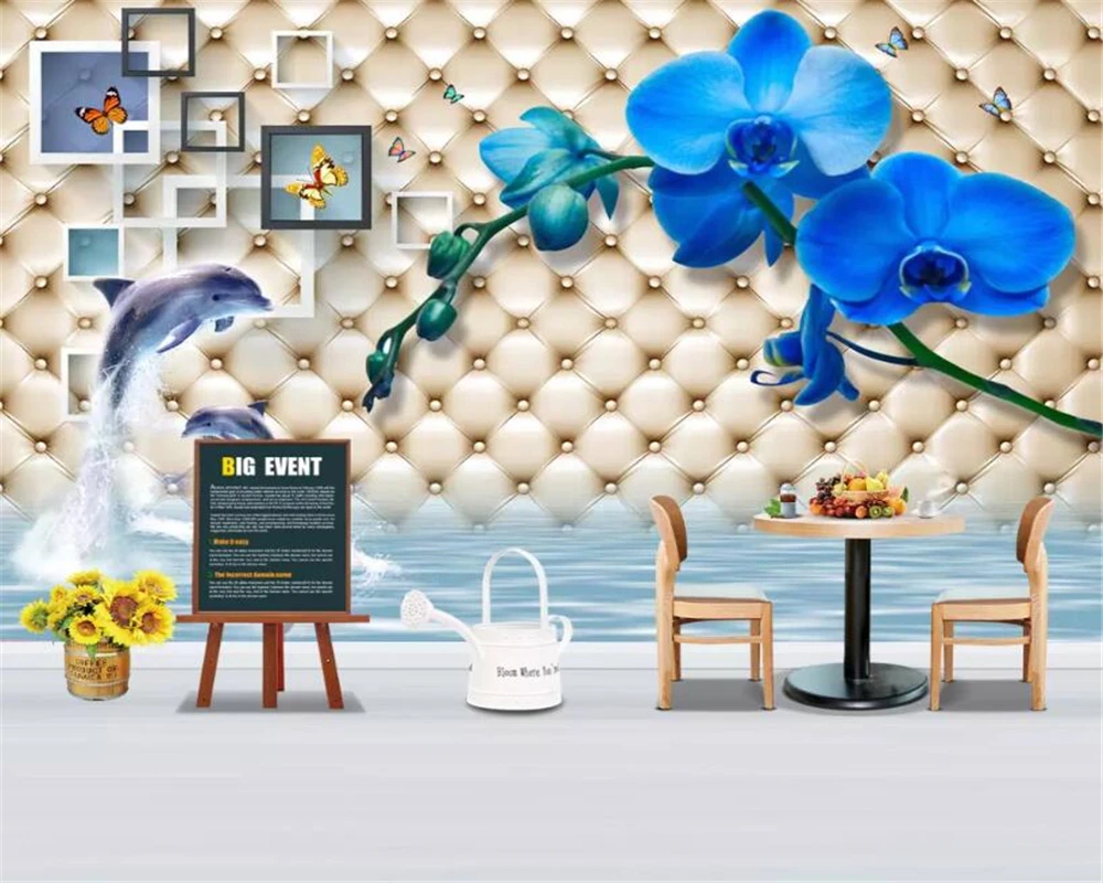 Обои на заказ фотообои с изображением дельфинов фаленопсиса 3D стерео ТВ фон